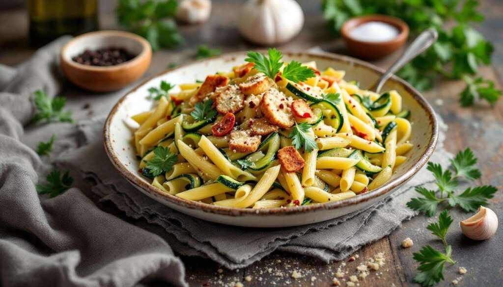 Pasta pane e zucchine: il primo di casa con pangrattato tostato croccante